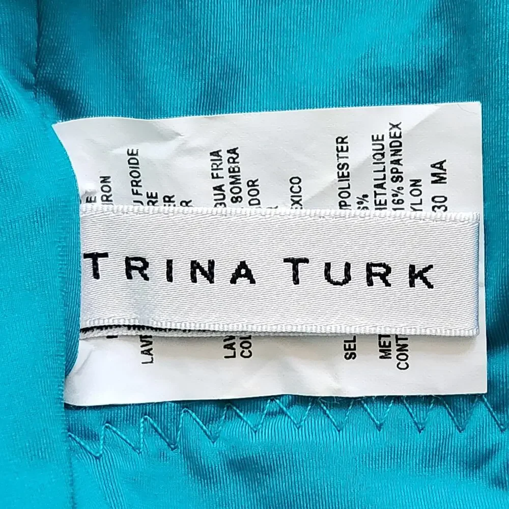 Trina Turk Empire Halter One Piece Swimsuit Marine Teal Chevron Metallic Size 14